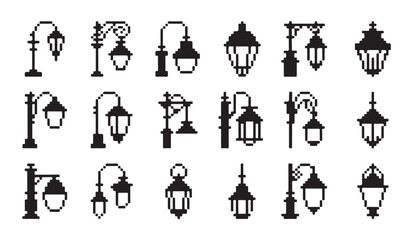 Ornate street lamp pixel art silhouettes featuring vintage garden lighting for game design. © VANU