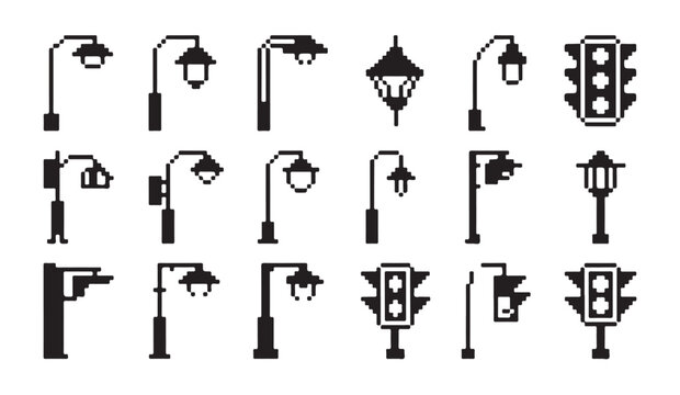 Diverse selection of street lamps and traffic signal silhouettes in pixel art style sets.