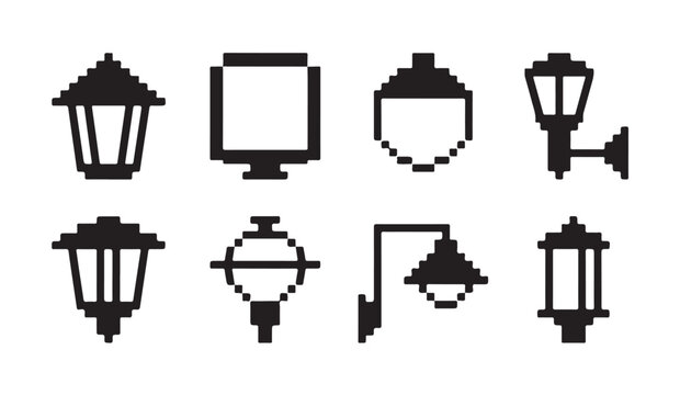 Decorative pixel art wall lamp silhouettes and hanging lantern icons for game environment.