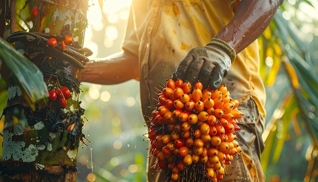 Farmer Holding Fresh Harvested Palm Oil Fruit Bunch
