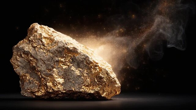 Close-up of a golden rock with ethereal smoke and sparkling particles against a dark background