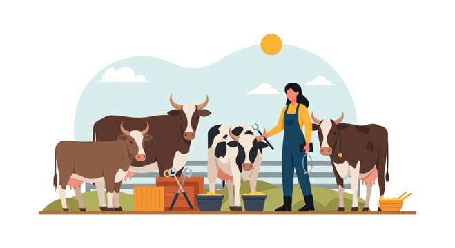 Farmer Caring for Cows on a Rural Farm