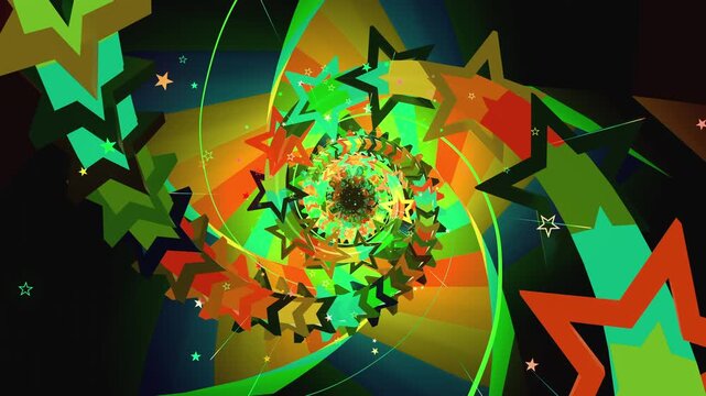 Abstract digital VJ loop vortex made of twisting lattice segments, spiral star arrays and complex data structures, creating deep astrophysics science background