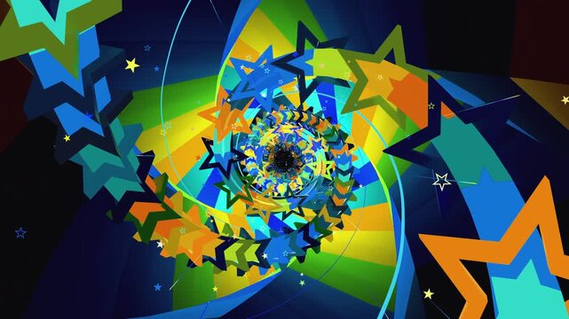 Abstract digital VJ loop vortex made of twisting lattice segments, spiral star arrays and complex data structures, creating deep astrophysics science background