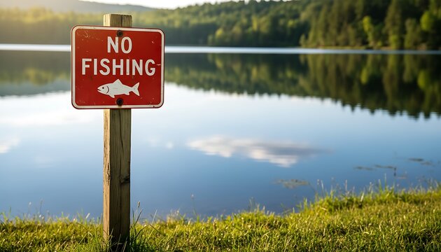 A red 'NO FISHING' sign stands on a wooden post beside a serene lake with reflections of trees and sky, surrounded by green grass.