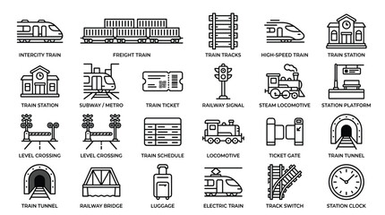 Obraz premium Collection of line icons related to train travel including different train types stations tracks signals and passenger amenities for railway transportation.