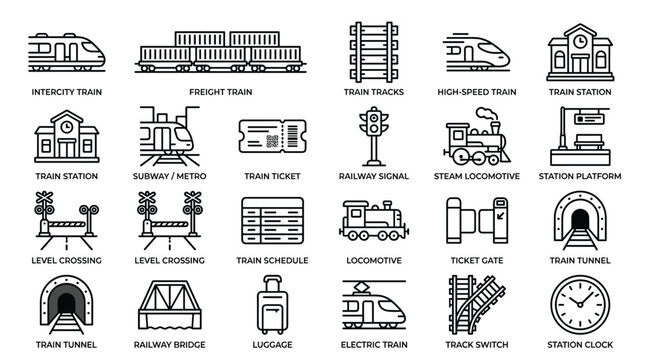 Collection of line icons related to train travel including different train types stations tracks signals and passenger amenities for railway transportation.