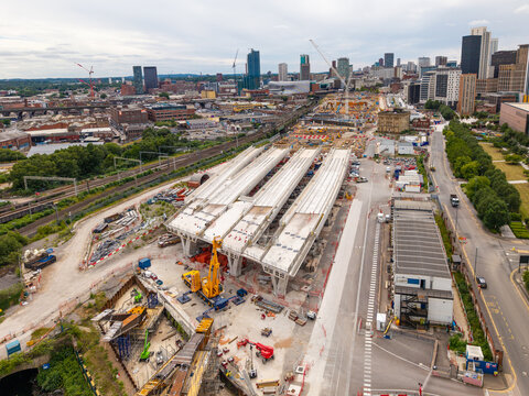 Aerial view of a Birmingham cityscape skyline and HS2 construction site on Curzon Street