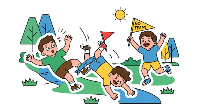 Race Day Mishap: A moment of friendly competition goes awry as a young runner tumbles at the finish line, while another cheers with a Go Team! flag, capturing the fun and excitement of a child's race