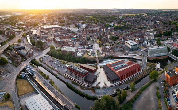 Aerial panorama view of Rotherham cityscape skyline with Forge Island and the River Rother in South Yorkshire, UK