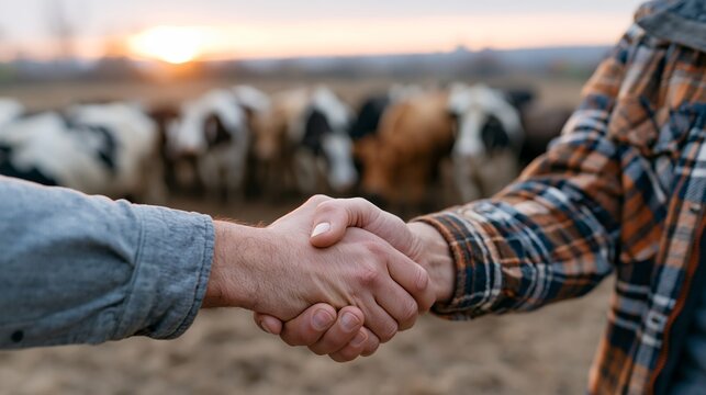 Farmers shake hands in a field during sunset