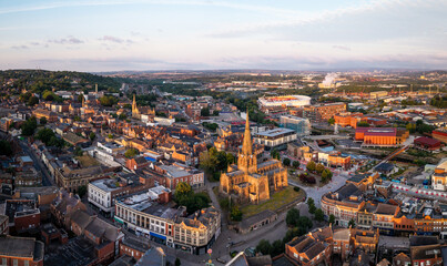 Fototapeta premium Aerial panorama view of Rotherham cityscape skyline at sunrise
