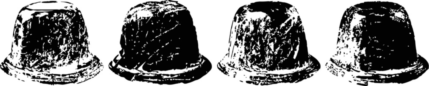 Vintage black bowler hats with textured worn surfaces, classic menswear accessories set