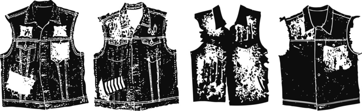 four distressed denim vests with unique patch designs and sleeveless