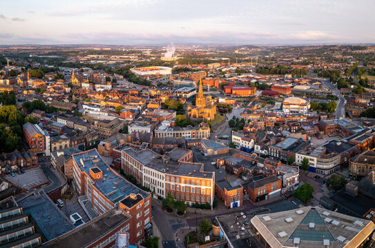 Aerial panorama view of Rotherham cityscape skyline at sunrise