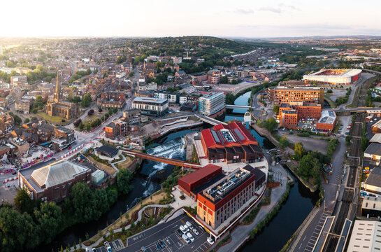 Aerial panorama view of Rotherham cityscape skyline with Forge Island and the River Rother in South Yorkshire, UK