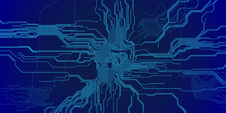 Thin circuit trace lines in blue on a dark technology background. Abstract digital tech bg. Electronics and computer technology concept. Chip and circuit board. Vector illustration. Chip connectors.