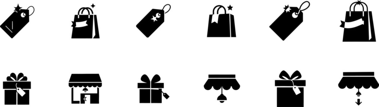 Set of black silhouette featuring shopping bags, gift boxes, price tags, and store awnings for retail and commerce themes