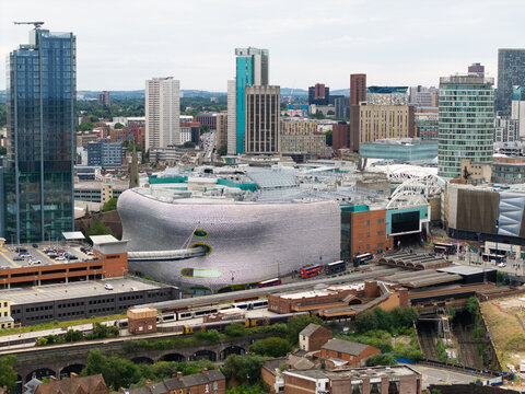 Aerial view of a Birmingham cityscape skyline with Moor Street Train Station giving shoppers access to the Bullring