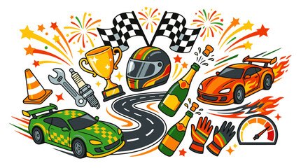Obraz premium Racing Celebration Vector Illustration With Trophy Helmet And Champagne Bottles