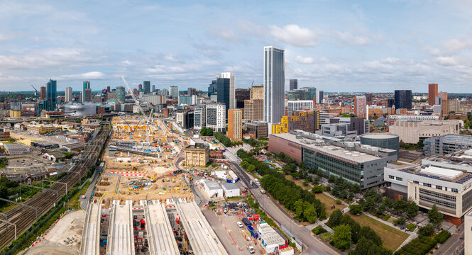Aerial view of a Birmingham cityscape skyline with the site of the new Birmingham Curzon Street HS2 station under construction