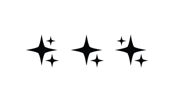 Minimalist black starburst icons set with small and large star shapes on white background for design
