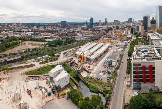 Aerial view of a Birmingham cityscape skyline and HS2 construction site on Curzon Street
