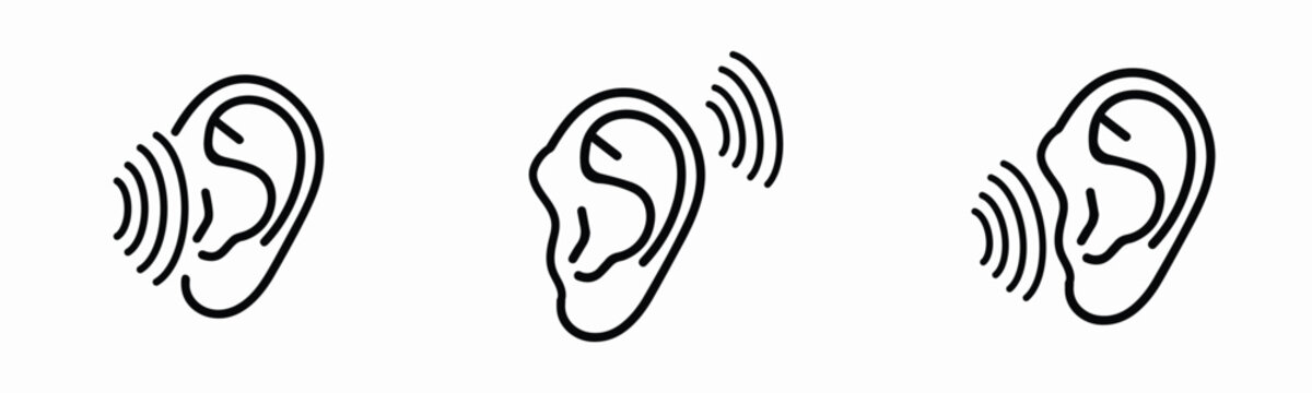 Human Ear Line Vector Illustration Icons With Sound Waves, Representing Volume, Hearing. Isolated On White Background.