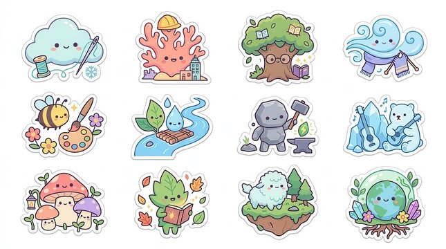 Twelve distinct cartoon stickers portray personified natural elements and activities