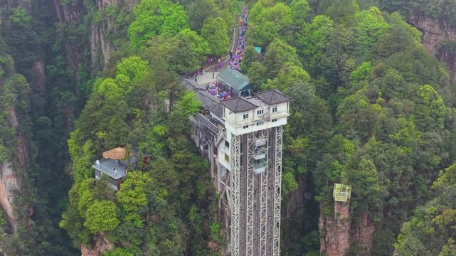 Aerial View of  Bailong Elevator in Zhangjiajie National Forest Park, Wulingyuan, Hunan Province, China