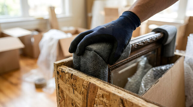 professional movers packing fragile artwork | shipping fine art with protective foam corners | securely packing a mirror for house move | home relocation services and packing supplies