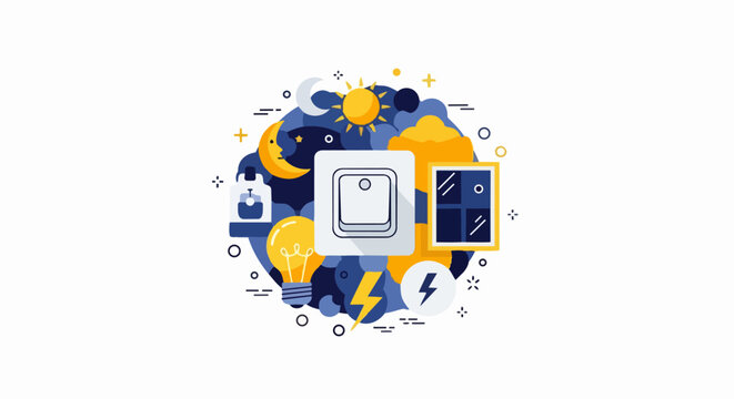 Flat Style Concept Illustration of Energy Conservation and Power Management with Light Switch, Sun, Moon, and Electricity Symbols
