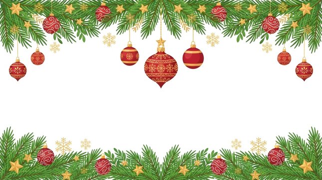 Festive christmas border with pine branches ornaments and snowflakes on a white background