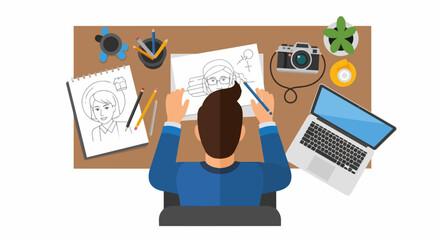Fototapeta premium Top View Vector Illustration of an Artist Working at a Creative Desk with Laptop, Camera, and Sketchbooks