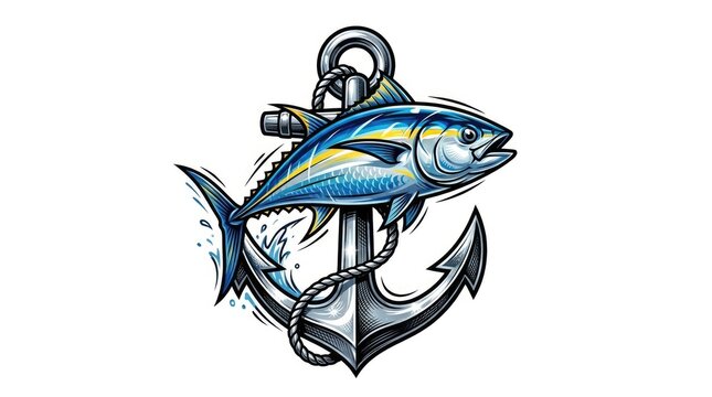 Tuna fish jumping in front of nautical anchor vector illustration.