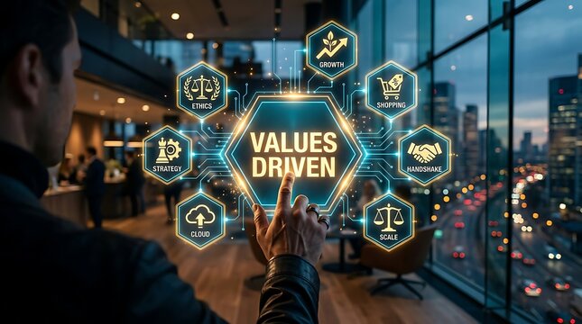 Business professional interacting with a futuristic 'Values Driven' holographic interface, outlining core principles for growth, ethics, and strategic success.
