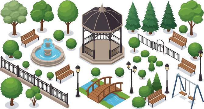 Isometric park elements set with gazebo fountain wooden bridge benches trees and fences for landscape design vector
