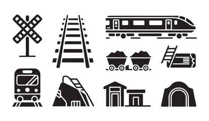 Mining and railway glyph icons, mine transport symbols, vector sketches. © MDIKRAM