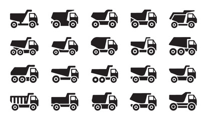 Collection of various dump trucks for construction and transport. © MDIKRAM