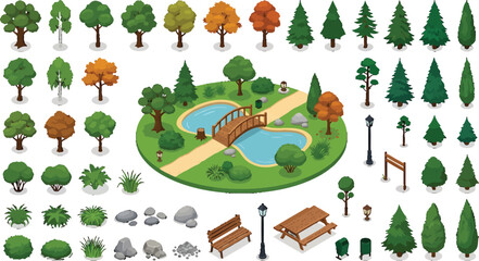 Fototapeta premium Isometric park elements set with trees bushes benches and a pond for landscape design vector illustration