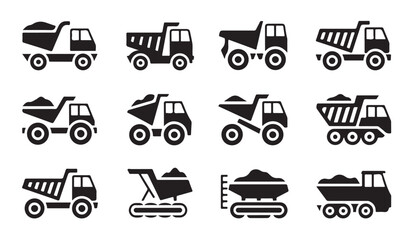 Mining dump trucks vector icon set for heavy transport construction and industrial project. © MDIKRAM