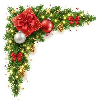 Festive christmas corner arrangement with gifts and ornaments on white background