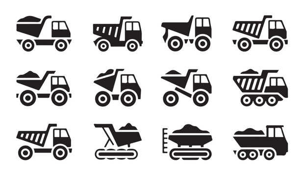 Mining dump trucks vector icon set for heavy transport construction and industrial project.
