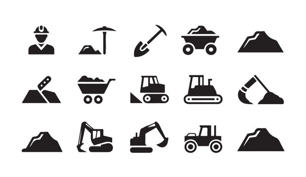 Mining and construction industry icon set featuring heavy machinery tools and raw materials.