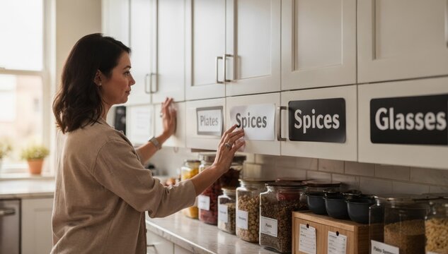 Medium shot featuring a reader using enhanced contrast labels on kitchen cabinets with the blurred background drawing attention to adaptive markings.