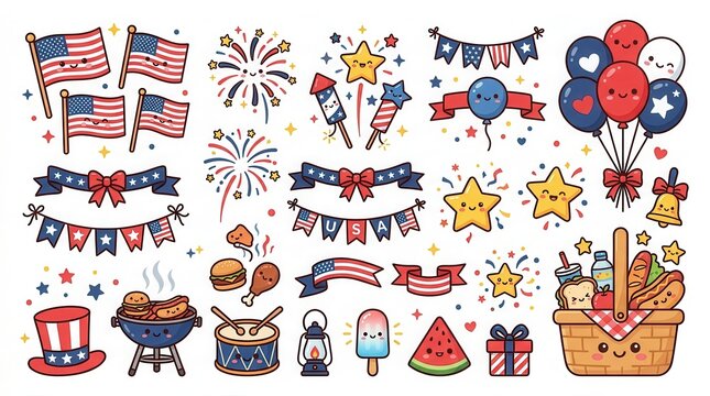 Flags, fireworks, balloons, BBQ, picnic for July 4th celebration
