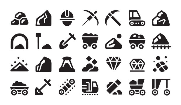 Mining industry related vector glyph icons set. elements for web site and mobile app development.