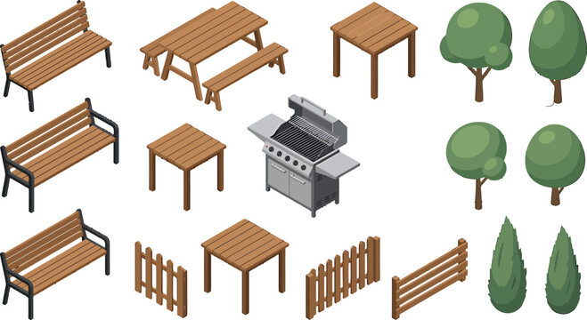 Isometric park furniture and garden elements set with wooden benches tables fences trees and barbecue grills vector