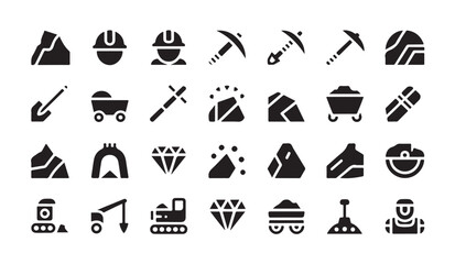 Mining exploration equipment and industrial resource collection solid black vector icons. © MDIKRAM
