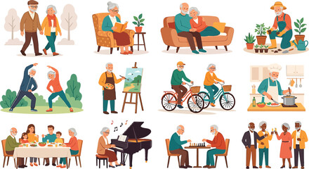 Fototapeta premium Set of elderly people engaged in various daily activities and hobbies flat vector illustration collection
